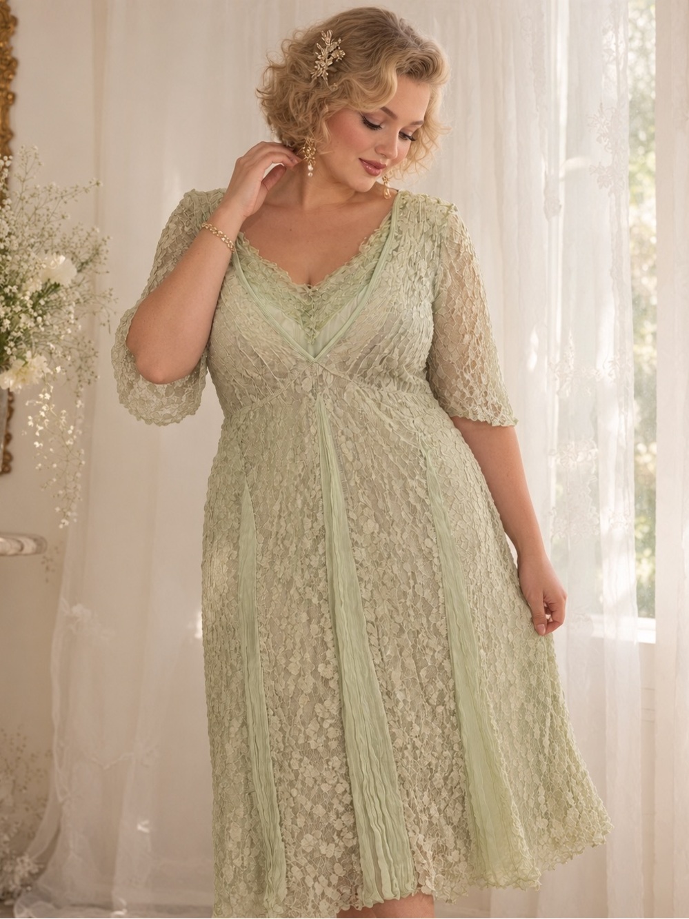 Lola P. Woman Sage Green Lace Dress 2X Plus Vintage Nataya Style Romantic